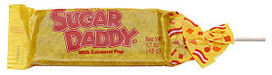 Sugar Daddy, the caramel lollipop in the colorful wrapper